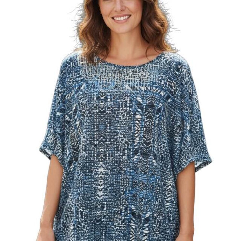 Kim Rogers SZ 2X Blue Geometric‎ Wave Built in Camisole Short Sleeve Top. Layer.